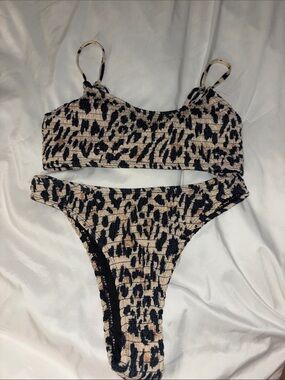 Leopard Print Smocked Bikini Set - Black & Cream